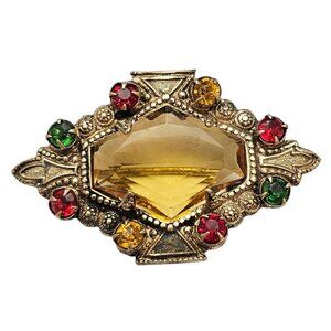 Victorian Czech Brooch Jonquil Coffin Open Back Focal Stone, Brass Pin C894